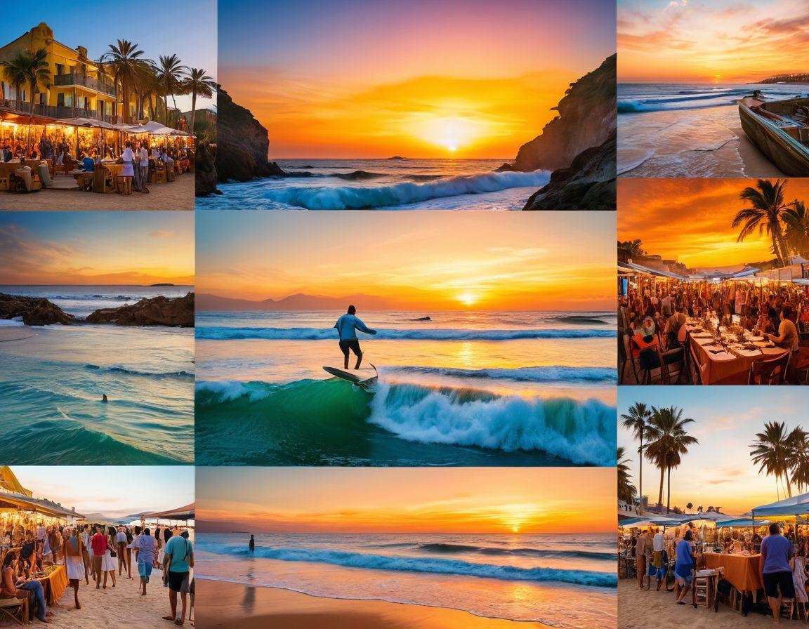 An inspiring collage depicting various aspects of the Bassoro lifestyle, including a scenic beach with surfers, local artisans crafting handmade goods, vibrant street markets filled with colors and textures, and a sunset gathering of people enjoying music and dance. Each segment seamlessly blends into the next, showcasing creativity and community. bright colors. artistic collage style. natural elements.