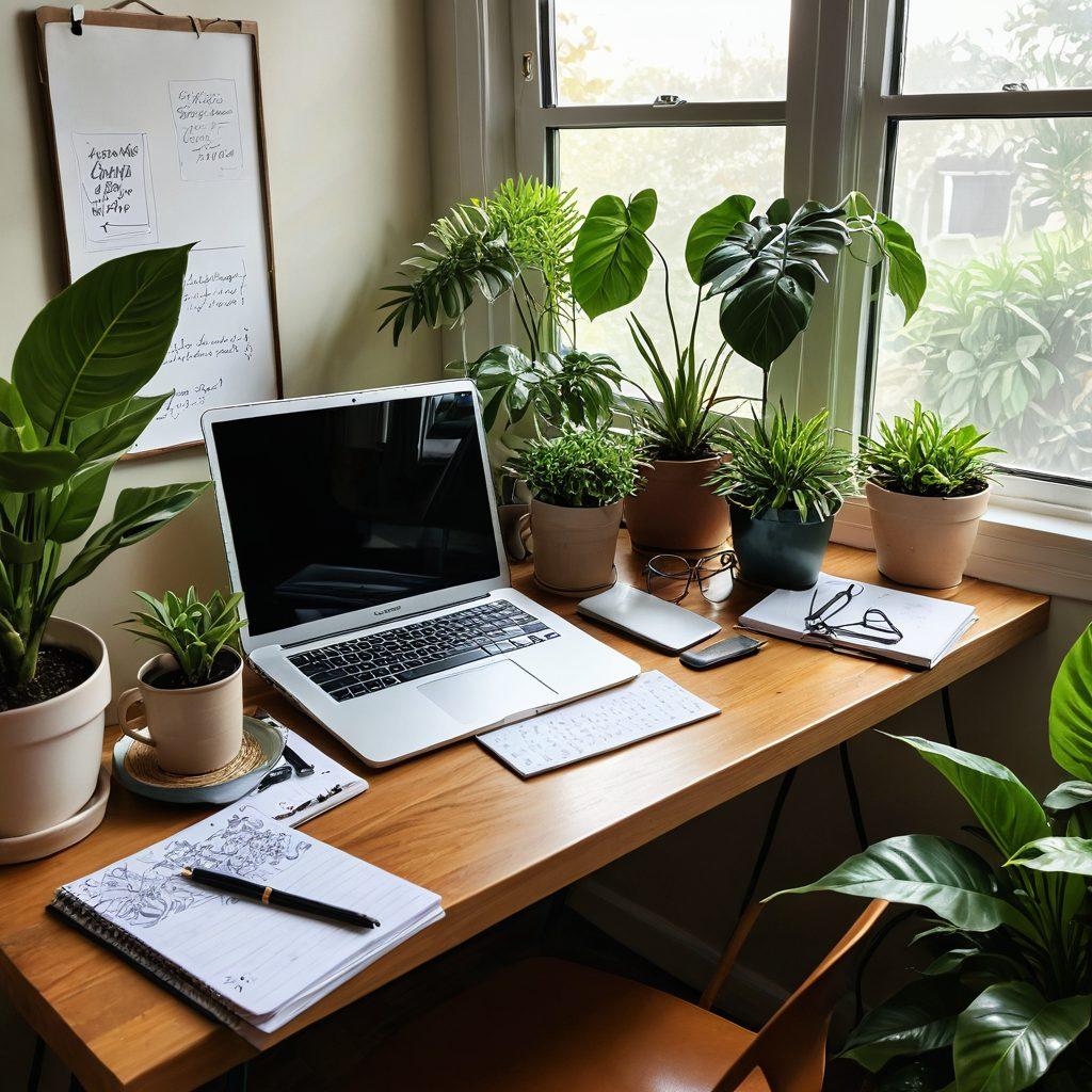 A serene workspace featuring a cozy nook filled with vibrant houseplants, a laptop open with a blog article on the screen, scattered notebooks with creative doodles, a steaming cup of tea, and sunlight streaming through a window, capturing the essence of a relaxed and productive blogging lifestyle. super-realistic. vibrant colors. warm lighting.