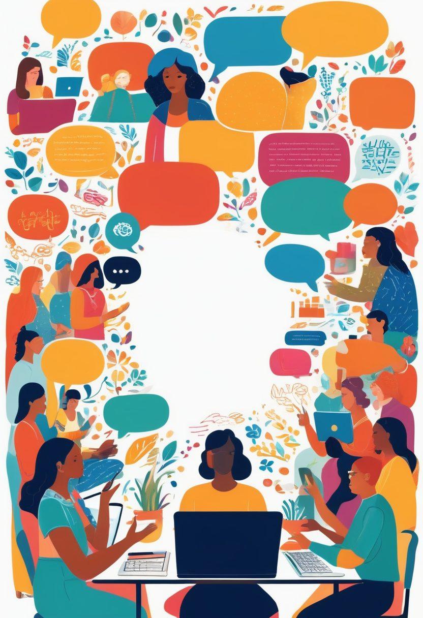 A vibrant digital collage showcasing a diverse group of bloggers engaging in discussions, sharing ideas, and being inspired by one another. Include elements like laptops, coffee cups, notebooks, and speech bubbles with quotes. Set against a colorful background that reflects creativity and community spirit. Emphasize unity and collaboration among different cultures. vector art. vibrant colors. white background.